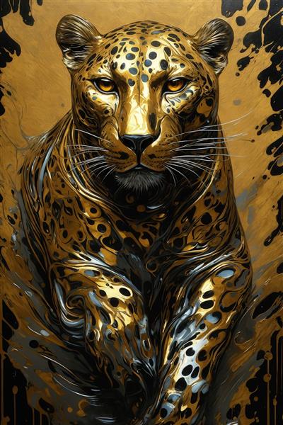 پوستر پرتره پلنگ طلایی با رگه‌های نقره‌ای و طلایی روان