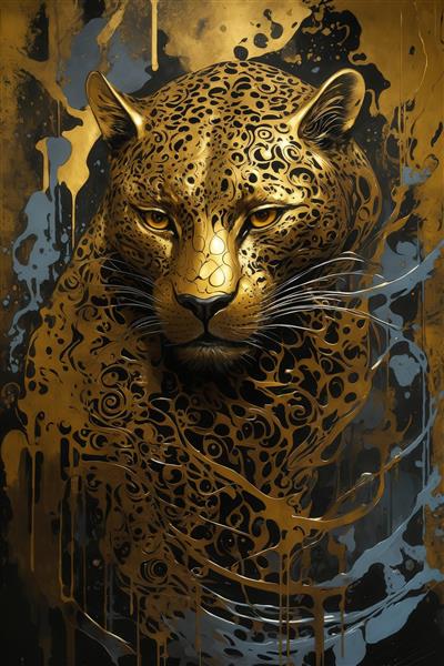 طرح سر پلنگ طلایی با الگوی مشبک و ریزش جوهر سیاه و خاکستری