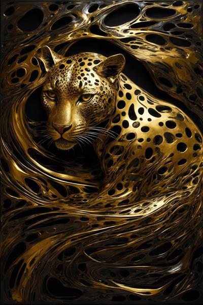 تصویر پلنگ طلایی در میان موج‌های سیاه و طلایی آبستره برای چاپ