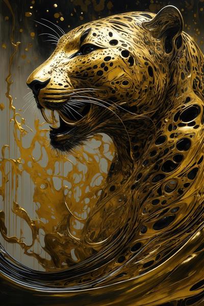 عکس پرتره نزدیک پلنگ طلایی با دهان باز و جوهر روان طلایی