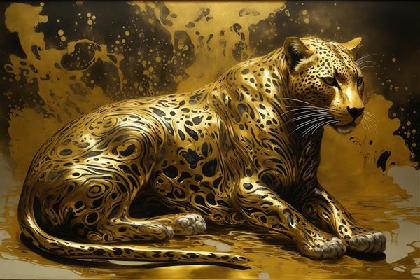 پوستر پلنگ طلایی نشسته با طرح آبستره روان و رگه‌های سیاه