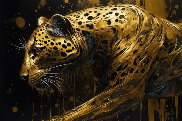 طرح پلنگ طلایی در حال خیز برداشتن با پس‌زمینه سیاه و چکه‌های طلایی