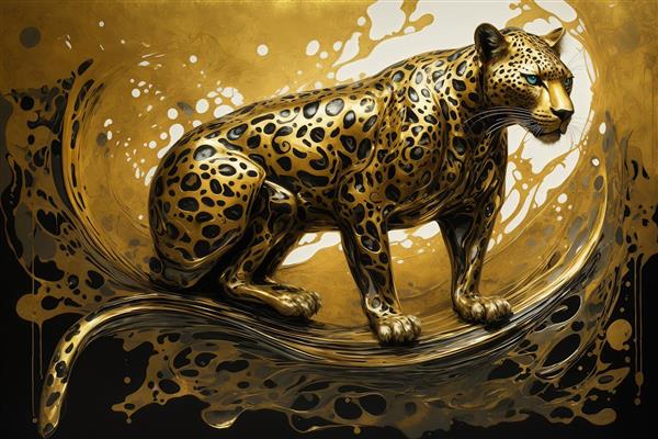 تصویر پلنگ طلایی ایستاده با جلوه موج‌های سیاه و سفید آبستره