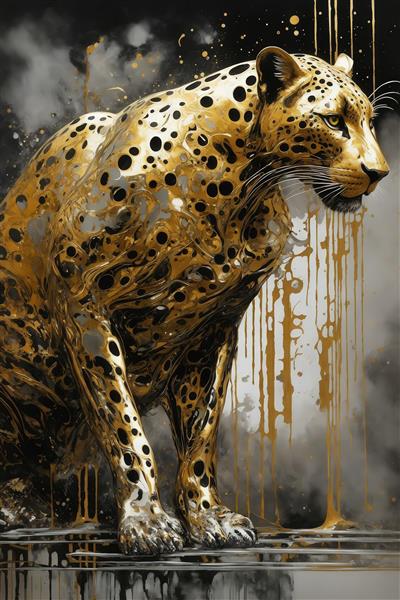 عکس پلنگ طلایی نشسته با چکه‌های رنگ خاکستری و طلایی