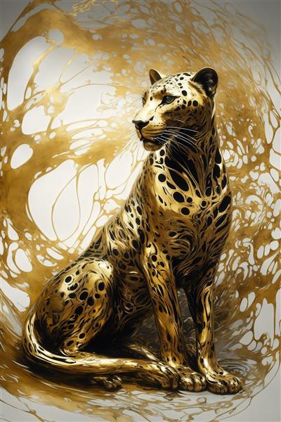 طرح پلنگ طلایی نشسته با پس‌زمینه آبستره سفید و رگه‌های طلایی