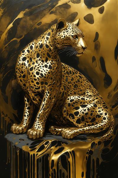 تصویر پلنگ طلایی نشسته روی سکوی جوهر روان برای دکوراسیون