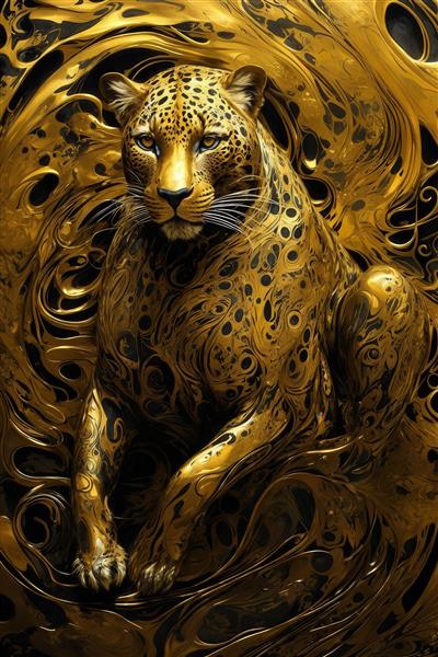 پوستر پرتره پلنگ طلایی با جزئیات آبستره و اشکال پیچیده