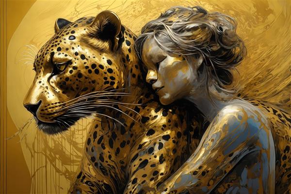 تصویر چهره زن و پلنگ طلایی در یک ترکیب لوکس و آبستره
