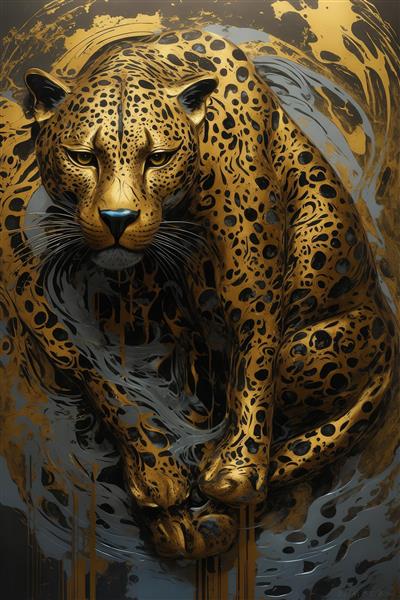 عکس پلنگ طلایی نشسته با پس‌زمینه گرد سیاه و خاکستری آبستره