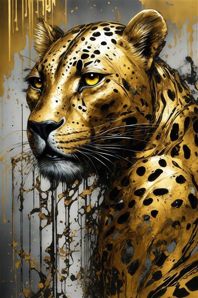 پوستر پرتره نزدیک پلنگ طلایی خالدار با چشمان زرد و جوهر روان