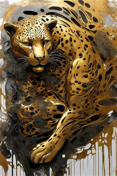 تصویر پلنگ طلایی در حال استراحت با طرح آبستره و جوهر روان