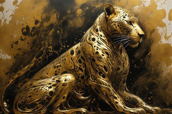 عکس پلنگ طلایی نشسته با جلوه مایع در زمینه آبستره دکوراتیو