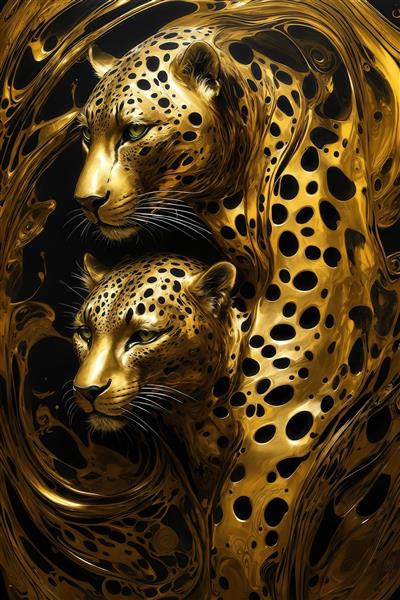 طرح دو پلنگ طلایی با پوست خالدار در میان آبستره طلایی و سیاه