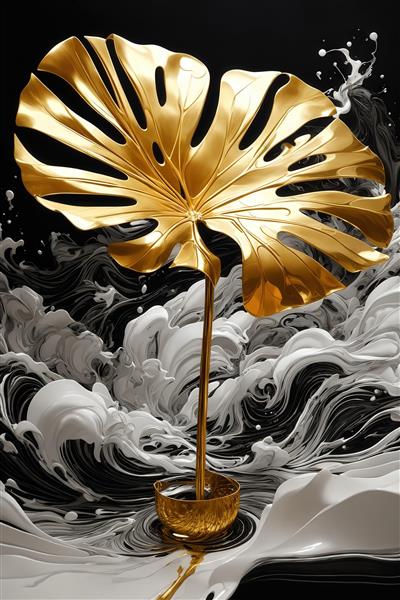 طرح برگ گرد مونسترا طلایی در محیط آب و رنگ سیاه و سفید