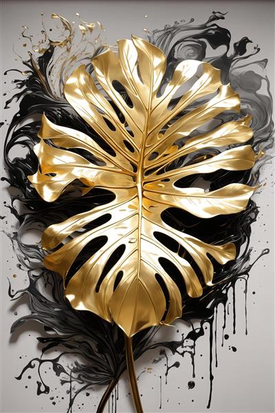 تصویر برگ مونسترا طلایی با جزئیات سیاه و سفید دکوراتیو