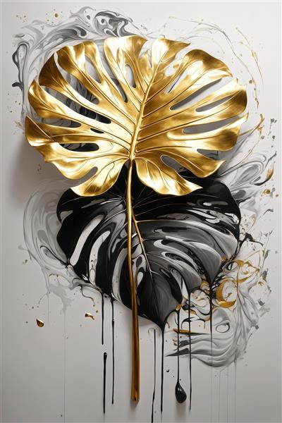 عکس برگ مونسترا طلایی روی زمینه سیاه و سفید آبستره برای چاپ