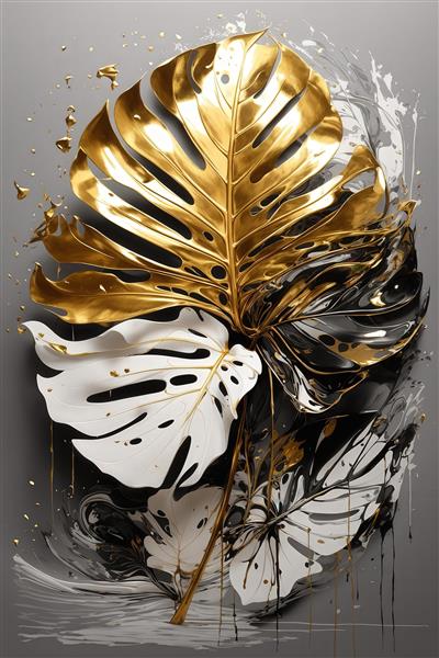پوستر برگ مونسترا طلایی و سفید با زمینه خاکستری و طرح آبستره