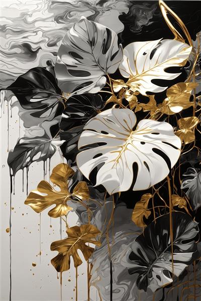 طرح برگ‌های مونسترا طلایی و سفید باکیفیت و جلوه جوهر روان
