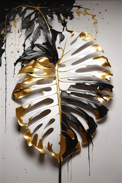عکس برگ مونسترا طلایی و سفید با لکه‌های سیاه برای چاپ پرده