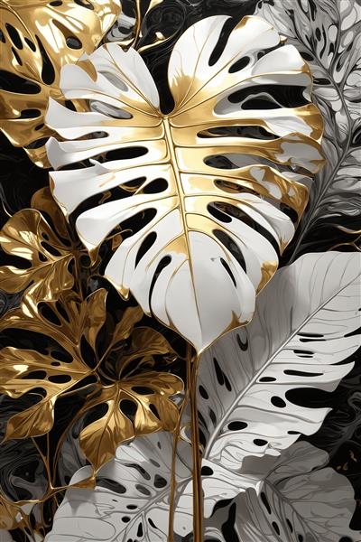طرح برگ‌های مونسترا طلایی و سفید در زمینه تیره دکوراسیون منزل
