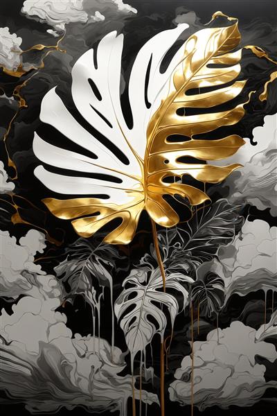 پوستر برگ مونسترا طلایی و سفید با پس‌زمینه ابر و دود سیاه