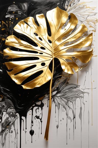 تصویر برگ مونسترا طلایی بزرگ با جوهر سیاه در حال ریزش