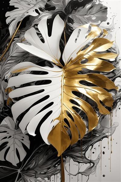 طرح برگ مونسترا نیمه طلایی نیمه سفید روی پس‌زمینه سیاه