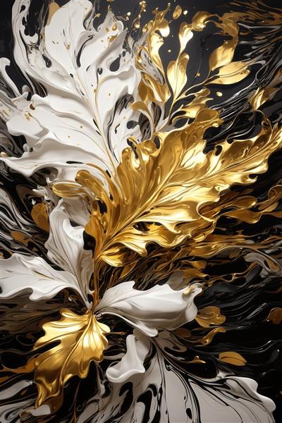 عکس برگ‌های طلایی و سفید برجسته در زمینه آبستره سیاه و سفید