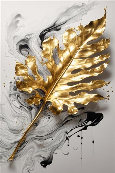 طرح برگ درشت و طلایی با رگه‌های جوهر سیاه و سفید آبستره