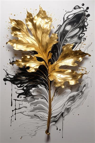 تصویر برگ بلوط طلایی و مشکی با پاشش جوهر برای چاپ روتختی