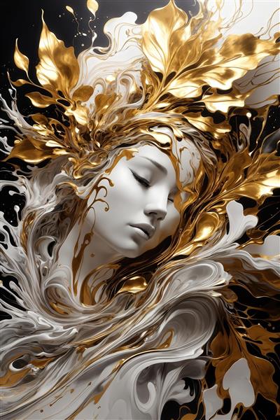 عکس چهره زن خوابیده با موهای از جنس آب و برگ طلایی فانتزی