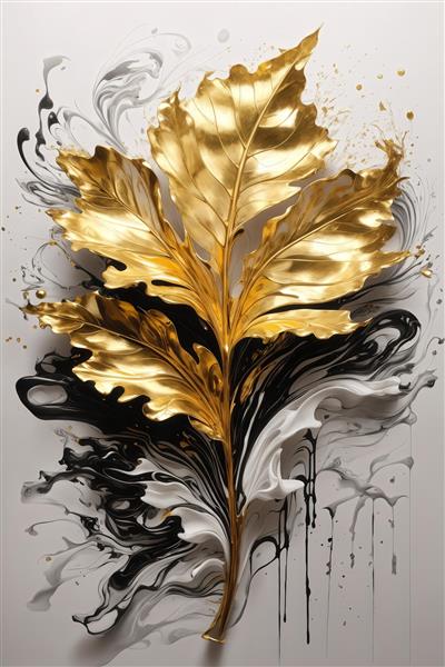 طرح یک برگ بزرگ طلایی با جلوه جوهر سیاه و سفید دکوراتیو