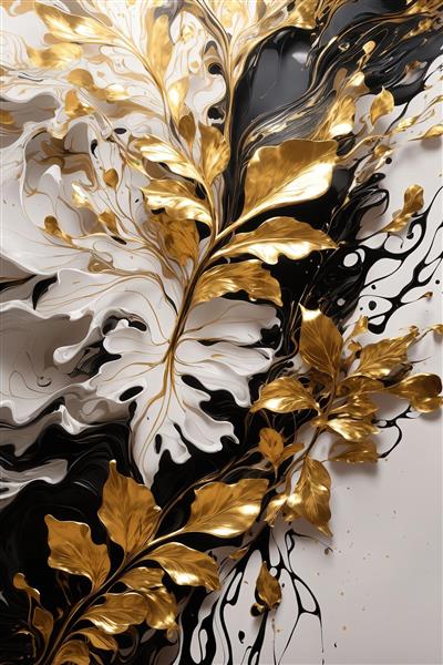 پوستر دیواری برگ‌های طلایی و سفید سه بعدی با طرح آبستره لوکس