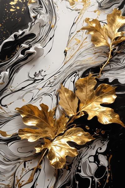 عکس برگ‌های پهن طلایی روی زمینه آبستره سیاه و سفید باکیفیت