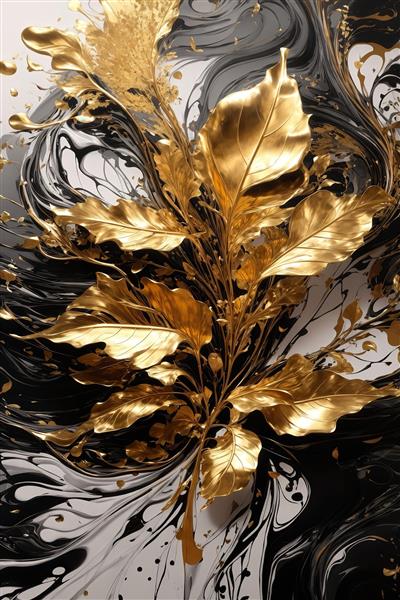 طرح شاخه برگ‌های طلایی در پس‌زمینه جوهر سیاه و سفید برای تابلو