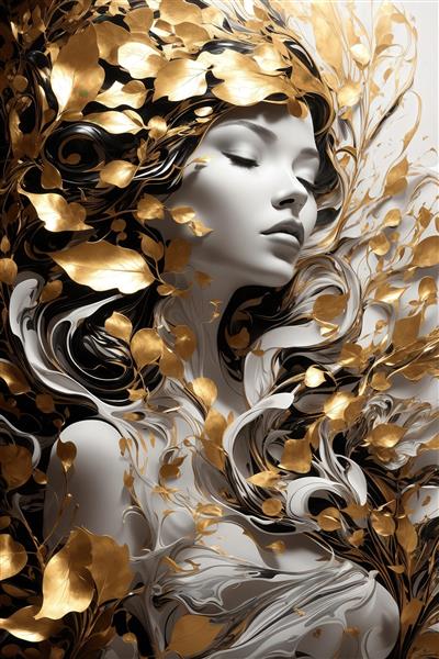تصویر چهره زن از جنس مرمر سفید و برگ‌های طلایی آبستره