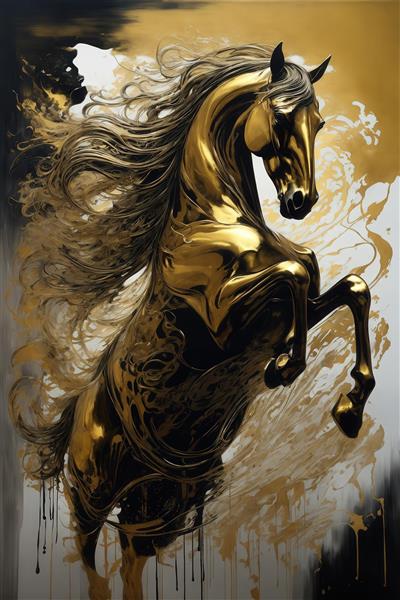 عکس اسب شیهه‌کش طلایی و سیاه با یال متحرک برای چاپ پرده