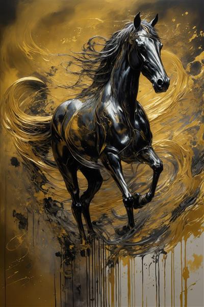 تصویر اسب سیاه براق و طلایی با جلوه آبستره برای پوستر