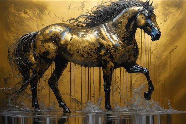 تصویر اسب طلایی با افکت متالیک در حال تاختن روی آب برای تابلو