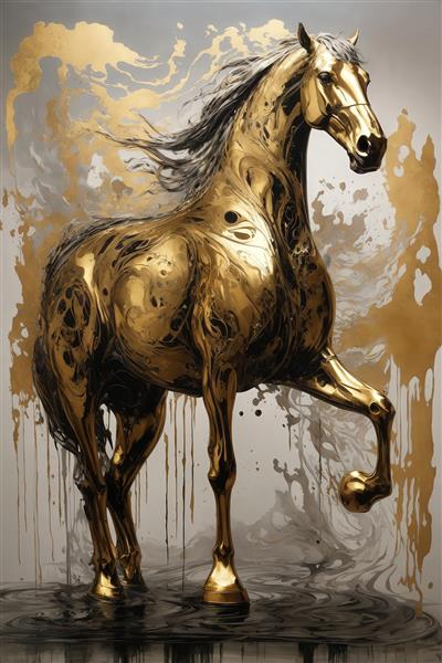 عکس اسب طلایی در حال قدم زدن با پاشش جوهر تیره برای دکور