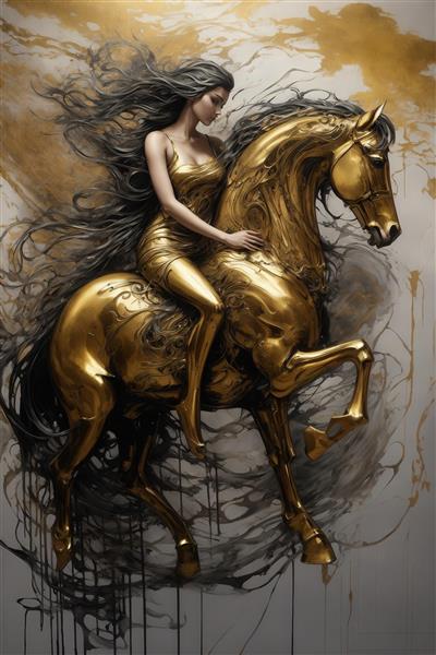 تصویر زن سوار بر اسب طلایی با موهای بلند برای تابلو دکوراتیو لوکس