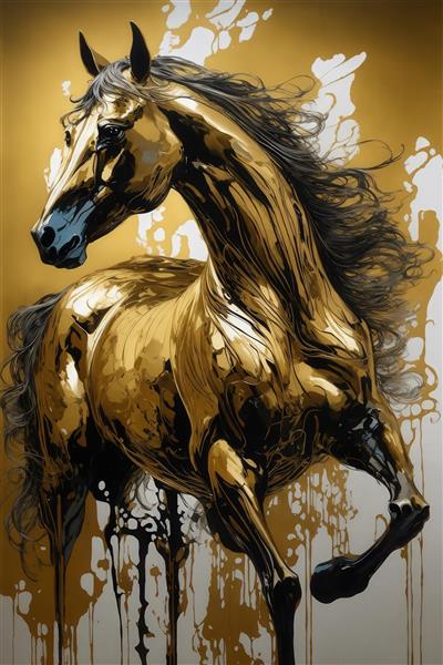 عکس اسب طلایی با پاشش رنگ روی زمینه روشن برای پوستر دیواری لوکس
