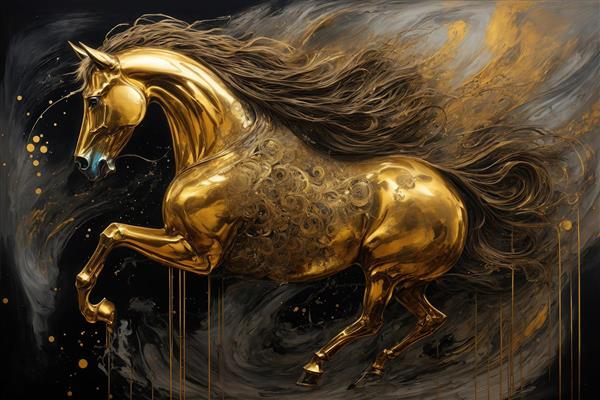 طرح اسب طلایی در حال پرش با یال متحرک و افکت مه‌ای برای دکور