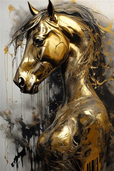 تصویر سر و بالاتنه اسب طلایی با جلوه نقاشی مایع برای تابلو مدرن