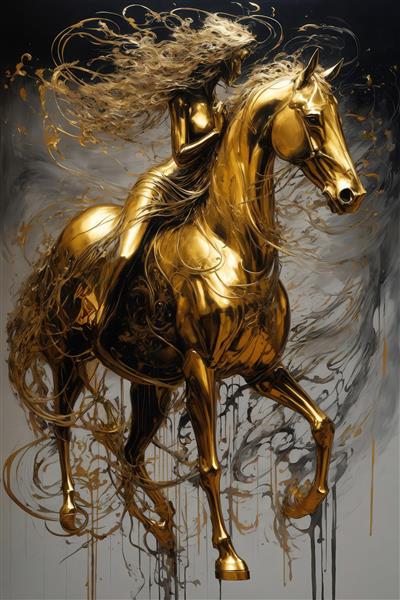 طرح زن سوار بر اسب طلایی با جلوه مایع برای تابلو دکوراتیو لوکس
