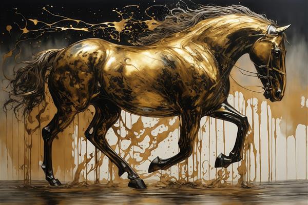 تصویر اسب طلایی در حال راه رفتن با پاشش رنگ روی زمینه روشن برای دکور