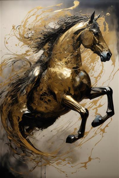 عکس اسب طلایی در حال پرش با یال متلاطم و جلوه نقاشی برای تابلو