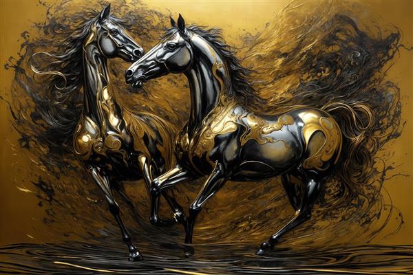 تصویر اسب طلایی و تیره در حال شیهه کشیدن با پاشش مایع برای دکور