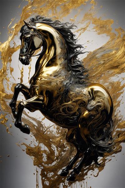 عکس اسب طلایی با پاشش جوهر مشکی و یال متلاطم برای دکور