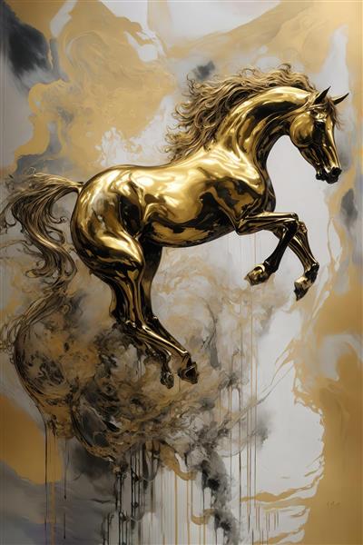 تصویر اسب طلایی پرنده در حال تاختن با جلوه آبستره برای تابلو